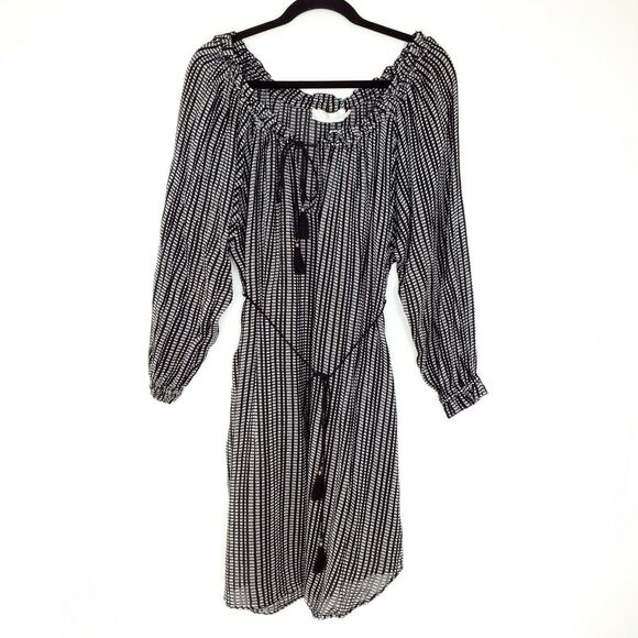 Zimmermann Pavilion Striped Dress 2 Wide Neck Off Shoulder Black Tassel Tie - Picture 2 of 11